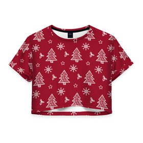 Женская футболка 3D укороченная с принтом Новогодний узор в Тюмени, 100% полиэстер | круглая горловина, длина футболки до линии талии, рукава с отворотами | ангел | ёлка | ель | зима | колокольчик | нг | новый год | олень | рождество | санта | снег