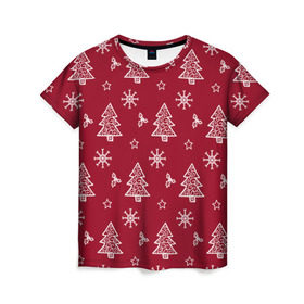 Женская футболка 3D с принтом Новогодний узор в Тюмени, 100% полиэфир ( синтетическое хлопкоподобное полотно) | прямой крой, круглый вырез горловины, длина до линии бедер | ангел | ёлка | ель | зима | колокольчик | нг | новый год | олень | рождество | санта | снег