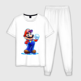 Мужская пижама хлопок с принтом Mario в Тюмени, 100% хлопок | брюки и футболка прямого кроя, без карманов, на брюках мягкая резинка на поясе и по низу штанин
 | nintendo | марио | нинтендо
