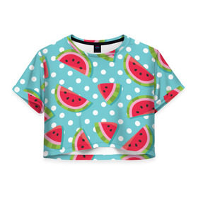 Женская футболка 3D укороченная с принтом Арбузный рай в Тюмени, 100% полиэстер | круглая горловина, длина футболки до линии талии, рукава с отворотами | berry | eat | fruit | pattern | sweet | watermelon | арбуз | еда | сладость | узор | фрукт | ягода