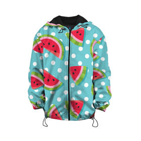 Детская куртка 3D с принтом Арбузный рай в Тюмени, 100% полиэстер | застежка — молния, подол и капюшон оформлены резинкой с фиксаторами, по бокам — два кармана без застежек, один потайной карман на груди, плотность верхнего слоя — 90 г/м2; плотность флисового подклада — 260 г/м2 | berry | eat | fruit | pattern | sweet | watermelon | арбуз | еда | сладость | узор | фрукт | ягода