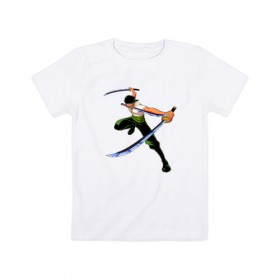 Детская футболка хлопок с принтом Ророноа Зоро в Тюмени, 100% хлопок | круглый вырез горловины, полуприлегающий силуэт, длина до линии бедер | Тематика изображения на принте: 