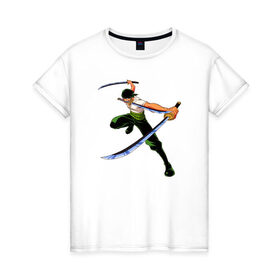 Женская футболка хлопок с принтом Ророноа Зоро в Тюмени, 100% хлопок | прямой крой, круглый вырез горловины, длина до линии бедер, слегка спущенное плечо | 