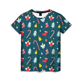 Женская футболка 3D с принтом Новогодний узор в Тюмени, 100% полиэфир ( синтетическое хлопкоподобное полотно) | прямой крой, круглый вырез горловины, длина до линии бедер | ангел | ёлка | ель | зима | колокольчик | нг | новый год | олень | рождество | санта | снег