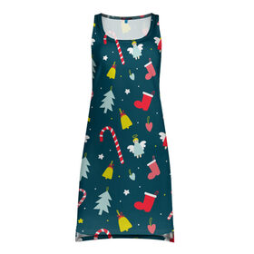 Платье-майка 3D с принтом Новогодний узор в Тюмени, 100% полиэстер | полуприлегающий силуэт, широкие бретели, круглый вырез горловины, удлиненный подол сзади. | ангел | ёлка | ель | зима | колокольчик | нг | новый год | олень | рождество | санта | снег