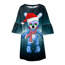 Детское платье 3D с принтом Five Nights At Freddy`s в Тюмени, 100% полиэстер | прямой силуэт, чуть расширенный к низу. Круглая горловина, на рукавах — воланы | Тематика изображения на принте: fnaf | freddy | бонни | медведь | мишка | фнаф | фокси | фредди