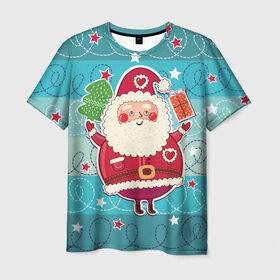 Мужская футболка 3D с принтом Дед мороз с подарками в Тюмени, 100% полиэфир | прямой крой, круглый вырез горловины, длина до линии бедер | 2017 | дед мороз | новогодняя елка | новый год | подарок на новый год | санта | санта клаус | снег | снежинки