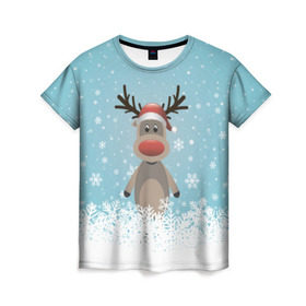 Женская футболка 3D с принтом Рудольф в Тюмени, 100% полиэфир ( синтетическое хлопкоподобное полотно) | прямой крой, круглый вырез горловины, длина до линии бедер | ангел | ёлка | ель | зима | колокольчик | нг | новый год | олень | рождество | санта | снег