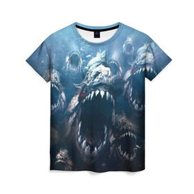 Женская футболка 3D с принтом Голодные пираньи в Тюмени, 100% полиэфир ( синтетическое хлопкоподобное полотно) | прямой крой, круглый вырез горловины, длина до линии бедер | еда | зубы | клыки | кровь | людоед | монстр | пираньи | пиранья | рыбы | ужас | хищник | челюсти | чудовище