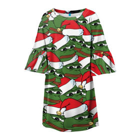 Детское платье 3D с принтом Sad frog new year в Тюмени, 100% полиэстер | прямой силуэт, чуть расширенный к низу. Круглая горловина, на рукавах — воланы | Тематика изображения на принте: грустная | дед мороз | лягушка | пепе | санта