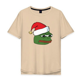 Мужская футболка хлопок Oversize с принтом New year sad frog в Тюмени, 100% хлопок | свободный крой, круглый ворот, “спинка” длиннее передней части | Тематика изображения на принте: pepe | новогодний | пепе | шапка