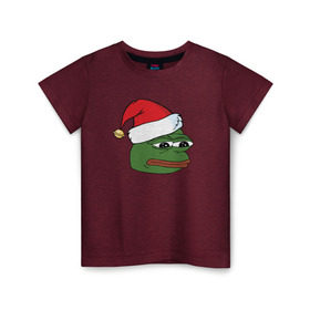 Детская футболка хлопок с принтом New year sad frog в Тюмени, 100% хлопок | круглый вырез горловины, полуприлегающий силуэт, длина до линии бедер | Тематика изображения на принте: pepe | новогодний | пепе | шапка