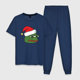 Мужская пижама хлопок с принтом New year sad frog в Тюмени, 100% хлопок | брюки и футболка прямого кроя, без карманов, на брюках мягкая резинка на поясе и по низу штанин
 | pepe | новогодний | пепе | шапка