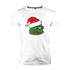 Мужская футболка премиум с принтом New year sad frog в Тюмени, 92% хлопок, 8% лайкра | приталенный силуэт, круглый вырез ворота, длина до линии бедра, короткий рукав | Тематика изображения на принте: pepe | новогодний | пепе | шапка