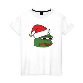 Женская футболка хлопок с принтом New year sad frog в Тюмени, 100% хлопок | прямой крой, круглый вырез горловины, длина до линии бедер, слегка спущенное плечо | pepe | новогодний | пепе | шапка