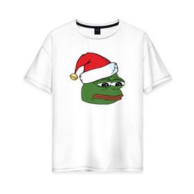Женская футболка хлопок Oversize с принтом New year sad frog в Тюмени, 100% хлопок | свободный крой, круглый ворот, спущенный рукав, длина до линии бедер
 | pepe | новогодний | пепе | шапка