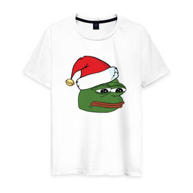 Мужская футболка хлопок с принтом New year sad frog в Тюмени, 100% хлопок | прямой крой, круглый вырез горловины, длина до линии бедер, слегка спущенное плечо. | Тематика изображения на принте: pepe | новогодний | пепе | шапка