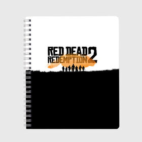 Тетрадь с принтом Red Dead Redemption 2 в Тюмени, 100% бумага | 48 листов, плотность листов — 60 г/м2, плотность картонной обложки — 250 г/м2. Листы скреплены сбоку удобной пружинной спиралью. Уголки страниц и обложки скругленные. Цвет линий — светло-серый
 | rdr | rdr2 | red dead redemption 2 | rockstar | дикий запад | ковбои