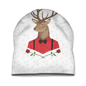 Шапка 3D с принтом Christmas Deer в Тюмени, 100% полиэстер | универсальный размер, печать по всей поверхности изделия | new year | олень | рождество | роза | снег | узор