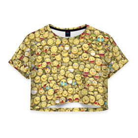 Женская футболка 3D укороченная с принтом Смайлики. Стикербомбинг в Тюмени, 100% полиэстер | круглая горловина, длина футболки до линии талии, рукава с отворотами | emoji | желтый | мем | смайл | стикербомбинг | текстура | улыбка | эмодзи