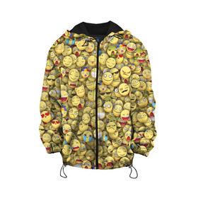 Детская куртка 3D с принтом Смайлики. Стикербомбинг в Тюмени, 100% полиэстер | застежка — молния, подол и капюшон оформлены резинкой с фиксаторами, по бокам — два кармана без застежек, один потайной карман на груди, плотность верхнего слоя — 90 г/м2; плотность флисового подклада — 260 г/м2 | Тематика изображения на принте: emoji | желтый | мем | смайл | стикербомбинг | текстура | улыбка | эмодзи