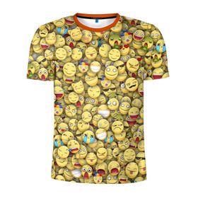 Мужская футболка 3D спортивная с принтом Смайлики. Стикербомбинг в Тюмени, 100% полиэстер с улучшенными характеристиками | приталенный силуэт, круглая горловина, широкие плечи, сужается к линии бедра | Тематика изображения на принте: emoji | желтый | мем | смайл | стикербомбинг | текстура | улыбка | эмодзи