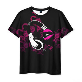 Мужская футболка 3D с принтом Music love в Тюмени, 100% полиэфир | прямой крой, круглый вырез горловины, длина до линии бедер | dj | klub | music | губы | диджей | клуб | музыка | наушники