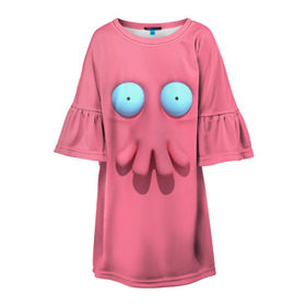 Детское платье 3D с принтом Доктор Зойдберг в Тюмени, 100% полиэстер | прямой силуэт, чуть расширенный к низу. Круглая горловина, на рукавах — воланы | будущее | врач | краб | лицо | розовый | фантастика | футурама | щупальца