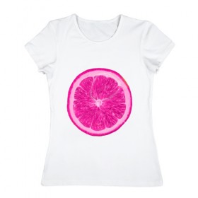 Женская футболка хлопок с принтом Розовый лимон в Тюмени, 100% хлопок | прямой крой, круглый вырез горловины, длина до линии бедер, слегка спущенное плечо | еда | кислый | лимон | розовый цвет | фрукт