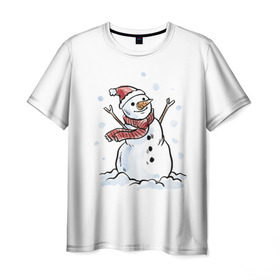 Мужская футболка 3D с принтом Снеговик в Тюмени, 100% полиэфир | прямой крой, круглый вырез горловины, длина до линии бедер | Тематика изображения на принте: happy new year | new year | santa claus | дед мороз | дедушка мороз | новый год | санта клаус | снеговик