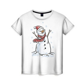 Женская футболка 3D с принтом Снеговик в Тюмени, 100% полиэфир ( синтетическое хлопкоподобное полотно) | прямой крой, круглый вырез горловины, длина до линии бедер | happy new year | new year | santa claus | дед мороз | дедушка мороз | новый год | санта клаус | снеговик