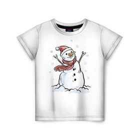 Детская футболка 3D с принтом Снеговик в Тюмени, 100% гипоаллергенный полиэфир | прямой крой, круглый вырез горловины, длина до линии бедер, чуть спущенное плечо, ткань немного тянется | Тематика изображения на принте: happy new year | new year | santa claus | дед мороз | дедушка мороз | новый год | санта клаус | снеговик