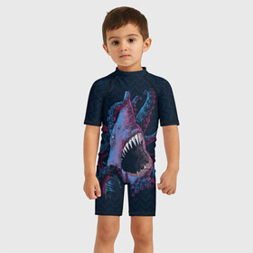Детский купальный костюм 3D с принтом Underwater Fight в Тюмени, Полиэстер 85%, Спандекс 15% | застежка на молнии на спине | акула | осьминог