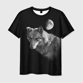 Мужская футболка 3D с принтом Ночной Волк в Тюмени, 100% полиэфир | прямой крой, круглый вырез горловины, длина до линии бедер | Тематика изображения на принте: волк | волки | животные | звери | луна | ночь | серый | черно белый