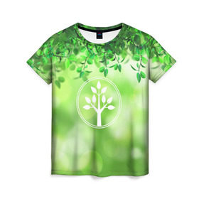 Женская футболка 3D с принтом Береги природу в Тюмени, 100% полиэфир ( синтетическое хлопкоподобное полотно) | прямой крой, круглый вырез горловины, длина до линии бедер | береги природу | дерево | зелёная | зелень | листья | природа