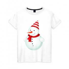 Женская футболка хлопок с принтом Снеговик в Тюмени, 100% хлопок | прямой крой, круглый вырез горловины, длина до линии бедер, слегка спущенное плечо | 
