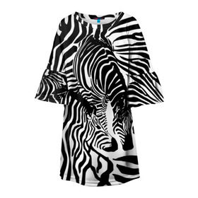 Детское платье 3D с принтом Зебра в Тюмени, 100% полиэстер | прямой силуэт, чуть расширенный к низу. Круглая горловина, на рукавах — воланы | Тематика изображения на принте: дикое | животное | зебра | камуфляж | лошадь | маскировка | полосы | текстура | фон | черно белые