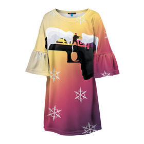Детское платье 3D с принтом Новогодний cs:go градиент в Тюмени, 100% полиэстер | прямой силуэт, чуть расширенный к низу. Круглая горловина, на рукавах — воланы | Тематика изображения на принте: counter | csgo | strike | кейс | кс го | ксго | скин