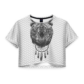 Женская футболка 3D укороченная с принтом Bear Dreamcatcher в Тюмени, 100% полиэстер | круглая горловина, длина футболки до линии талии, рукава с отворотами | bear | beast | forest | russia | siberian | зверь | лес | ловец | медведь | россия | сибирь | сон | ярость
