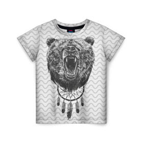 Детская футболка 3D с принтом Bear Dreamcatcher в Тюмени, 100% гипоаллергенный полиэфир | прямой крой, круглый вырез горловины, длина до линии бедер, чуть спущенное плечо, ткань немного тянется | Тематика изображения на принте: bear | beast | forest | russia | siberian | зверь | лес | ловец | медведь | россия | сибирь | сон | ярость