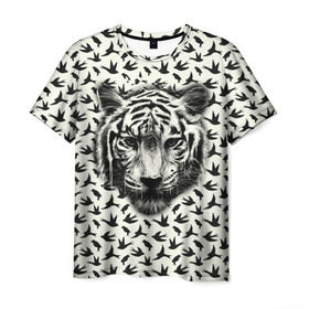 Мужская футболка 3D с принтом Tiger Dreams в Тюмени, 100% полиэфир | прямой крой, круглый вырез горловины, длина до линии бедер | Тематика изображения на принте: bird | cat | dream | fly | tiger | кис | кот | кошка | мечте | мяу | полет | птица | тигр