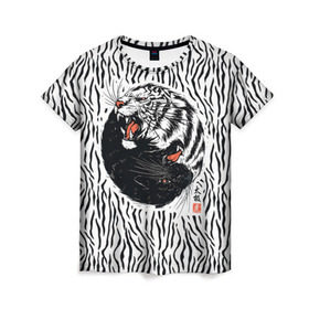 Женская футболка 3D с принтом Yin Yang Tigers в Тюмени, 100% полиэфир ( синтетическое хлопкоподобное полотно) | прямой крой, круглый вырез горловины, длина до линии бедер | tiger | yin yang | инь ян | китай | сила | тигр | ярость
