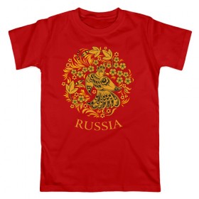 Мужская футболка хлопок с принтом Russia Forever в Тюмени, 100% хлопок | прямой крой, круглый вырез горловины, длина до линии бедер, слегка спущенное плечо. | народный | орнамент | роспись | традиционный