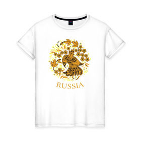 Женская футболка хлопок с принтом Russia Forever в Тюмени, 100% хлопок | прямой крой, круглый вырез горловины, длина до линии бедер, слегка спущенное плечо | народный | орнамент | роспись | традиционный