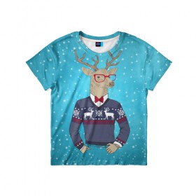 Детская футболка 3D с принтом Олень хипстер в Тюмени, 100% гипоаллергенный полиэфир | прямой крой, круглый вырез горловины, длина до линии бедер, чуть спущенное плечо, ткань немного тянется | hipster | голова животного | животные | олень | олень хипстер | подарок на новый год | хипстер