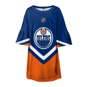 Детское платье 3D с принтом Edmonton Oilers в Тюмени, 100% полиэстер | прямой силуэт, чуть расширенный к низу. Круглая горловина, на рукавах — воланы | america | canada | hockey | nhl | usa | америка | детройт | канада | лед | нхл | ойлерз | сша | хоккей | эдмонтон
