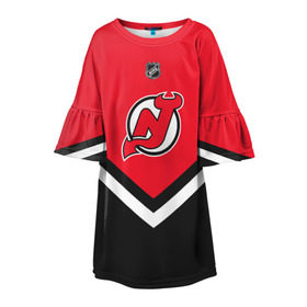 Детское платье 3D с принтом New Jersey Devils в Тюмени, 100% полиэстер | прямой силуэт, чуть расширенный к низу. Круглая горловина, на рукавах — воланы | Тематика изображения на принте: america | canada | hockey | nhl | usa | америка | девилз | джерси | канада | лед | нхл | нью | сша | хоккей