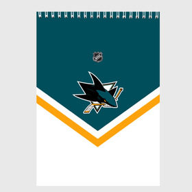 Скетчбук с принтом San Jose Sharks в Тюмени, 100% бумага
 | 48 листов, плотность листов — 100 г/м2, плотность картонной обложки — 250 г/м2. Листы скреплены сверху удобной пружинной спиралью | Тематика изображения на принте: america | canada | hockey | nhl | usa | акула | америка | канада | лед | нхл | сан хосе | сша | хоккей | шаркс