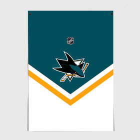 Постер с принтом San Jose Sharks в Тюмени, 100% бумага
 | бумага, плотность 150 мг. Матовая, но за счет высокого коэффициента гладкости имеет небольшой блеск и дает на свету блики, но в отличии от глянцевой бумаги не покрыта лаком | america | canada | hockey | nhl | usa | акула | америка | канада | лед | нхл | сан хосе | сша | хоккей | шаркс