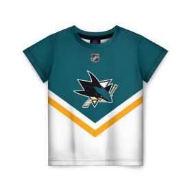 Детская футболка 3D с принтом San Jose Sharks в Тюмени, 100% гипоаллергенный полиэфир | прямой крой, круглый вырез горловины, длина до линии бедер, чуть спущенное плечо, ткань немного тянется | america | canada | hockey | nhl | usa | акула | америка | канада | лед | нхл | сан хосе | сша | хоккей | шаркс